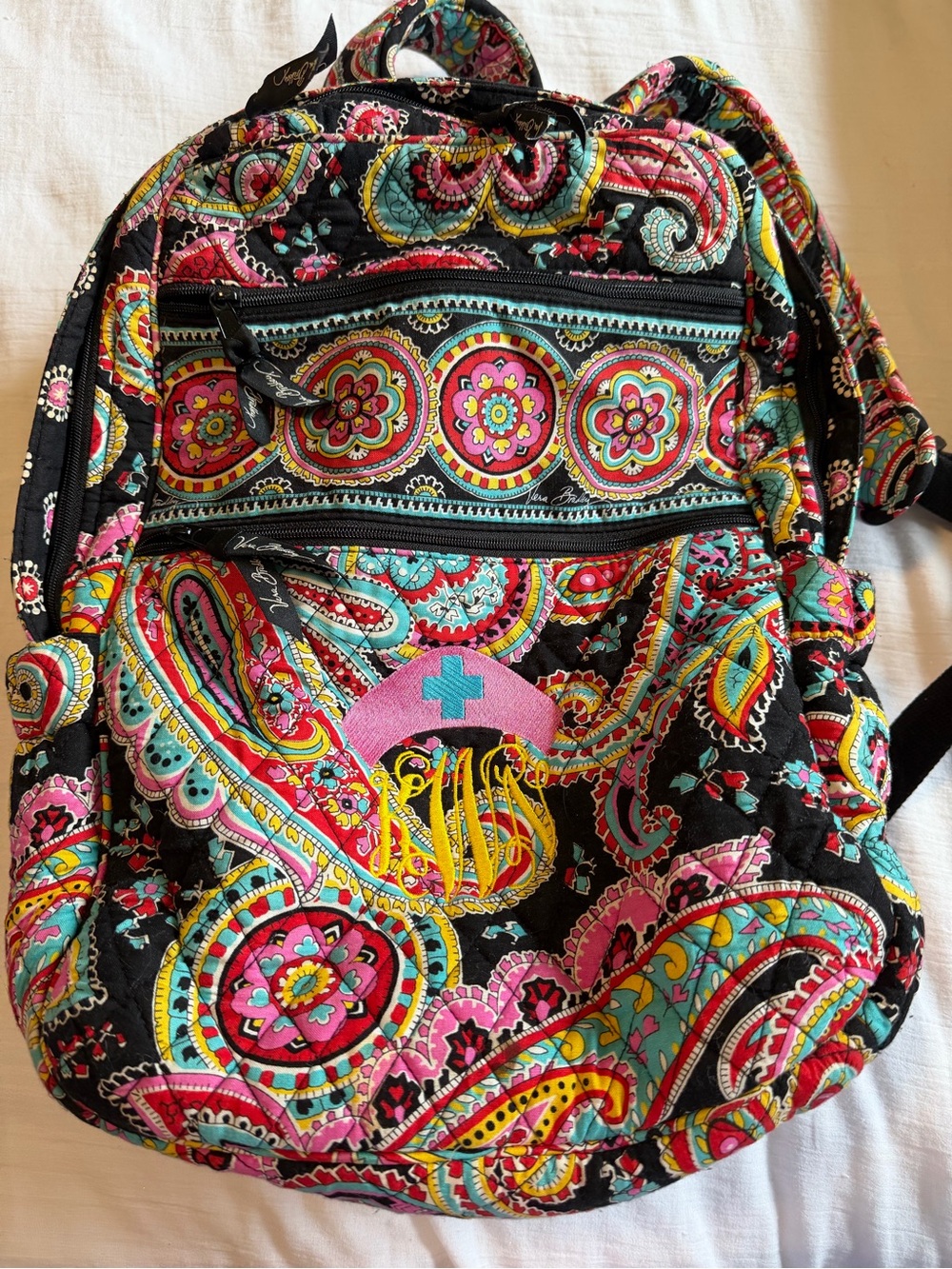 Vera Bradley Black Quilted Backpack with Pink, Turquoise & Yellow Paisley